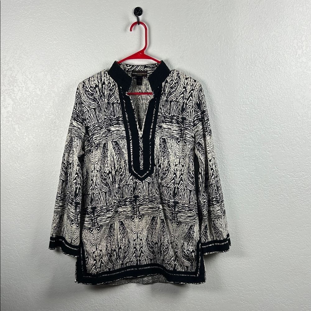 Dana Buchman Black Cream Patterned Tunic Sz L Career Chic Office Wear